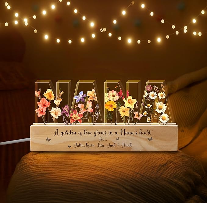 Personalized Nana Birth Flowers Night Light, Custom Grandma's Garden Night Light by Thunala