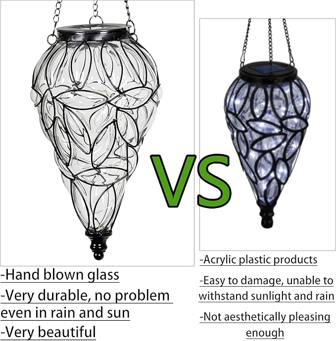Solar Hanging Lantern Outdoor Garden Lights, Tear-Shaped Glass and Metal - Image 4