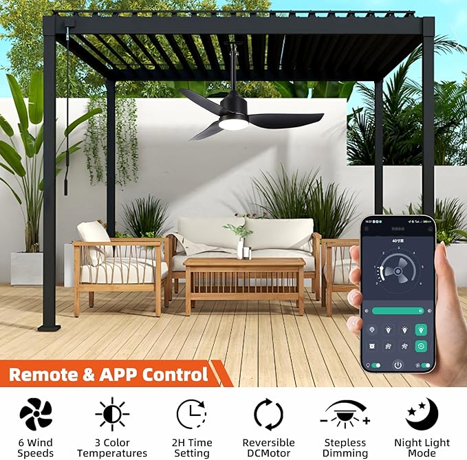 Outdoor Ceiling Fan with Light, 42 Inch Black Waterproof Outdoor Patio Fan with - Image 3
