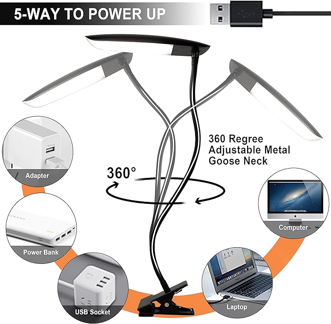 Clip on Lamp USB Reading Light 3 Color Modes 3000-6000K and 10 Brightness 8W 40 - Image 7
