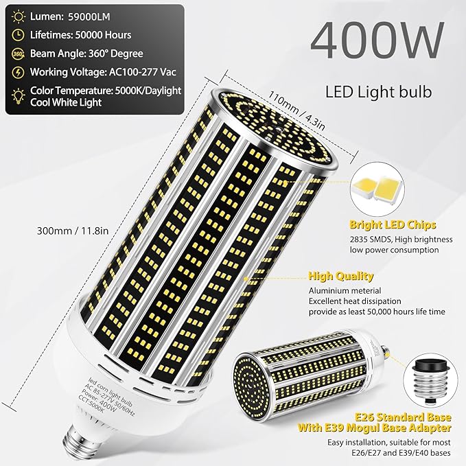 2 Pack 400W LED Corn Light Bulb, 3850W Equivalent Commercial Grade 59000LM - Image 3