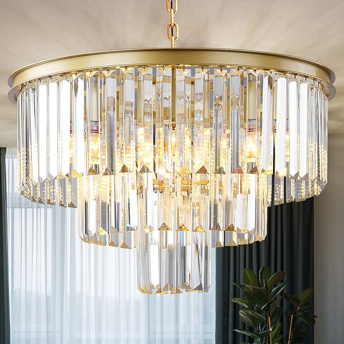 Gold Modern Crystal Chandelier, 3-Tier Round Flush Mount Ceiling Light Fixtures by Laiuetai