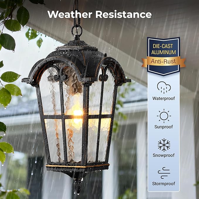 VIANIS Black Large Outdoor Pendant Light, Vintage Outdoor Chandelier - Image 2