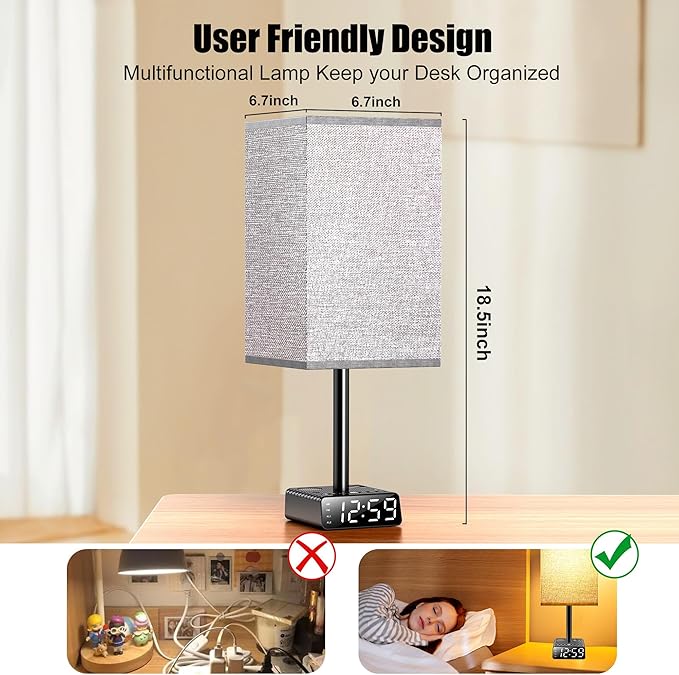 Yostyle Table Lamp with Alarm Clock Base, Bedside Lamp, 2 USB & 1 AC Power - Image 6