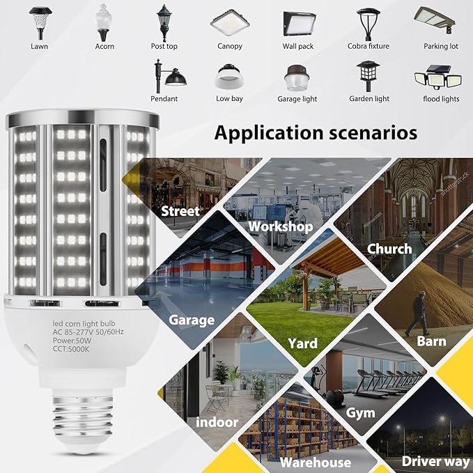 50W 2 Pack LED Corn Light Bulb, 5000K Daylight 6500LM Commercial GradeE26/E39 - Image 6