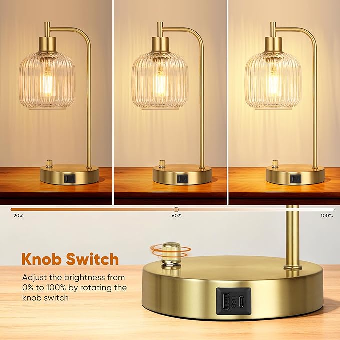 QiMH Industrial Table Lamp for Bedroom Set of 2, Stepless Dimmable Gold Lamps - Image 2