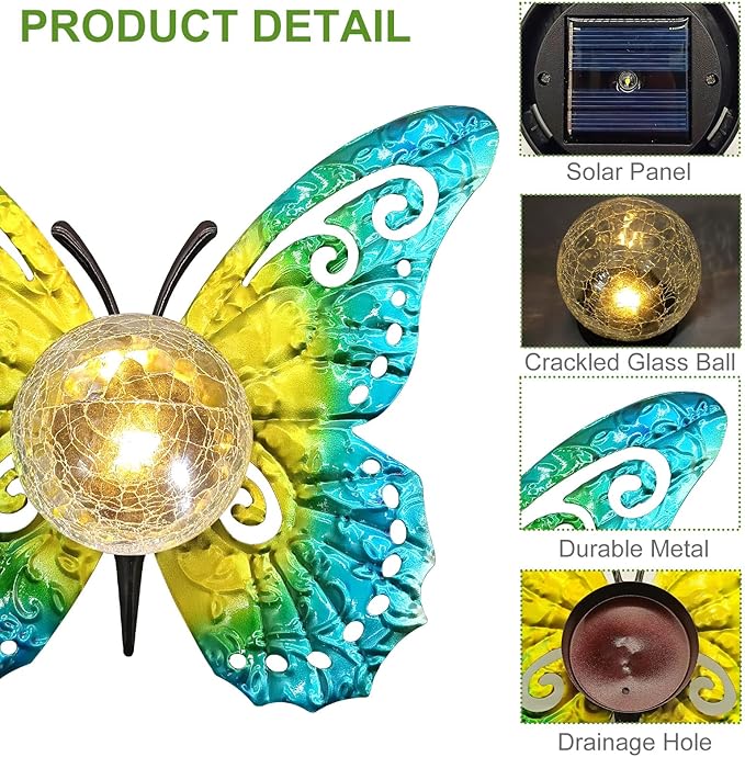 Solar Lights Outdoor Garden Butterfly Decor, Metal Butterfly Statue Decoration - Image 4