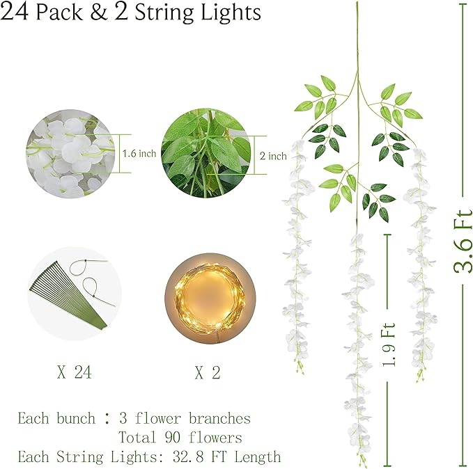 BLEUM CADE 24Pcs White Fake Wisteria Hanging Flowers - Image 2