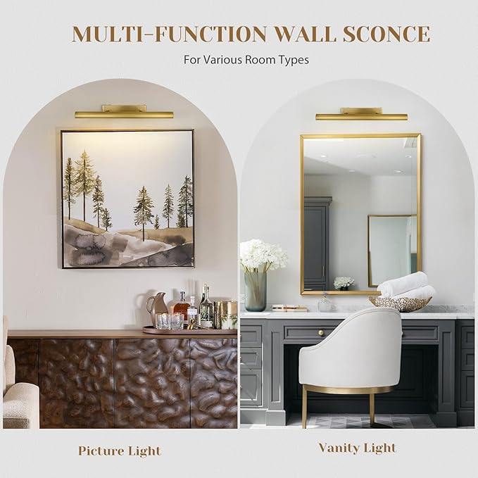 Brass Picture Lights for Wall, 3-Light Brush Gold Art Light, Warm White 2700k - Image 3