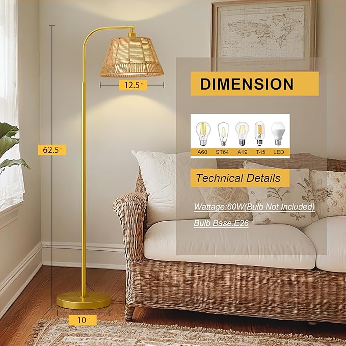 Oneach Arc Floor Lamp for Living Room, Rattan Boho Floor Lamp - Image 3