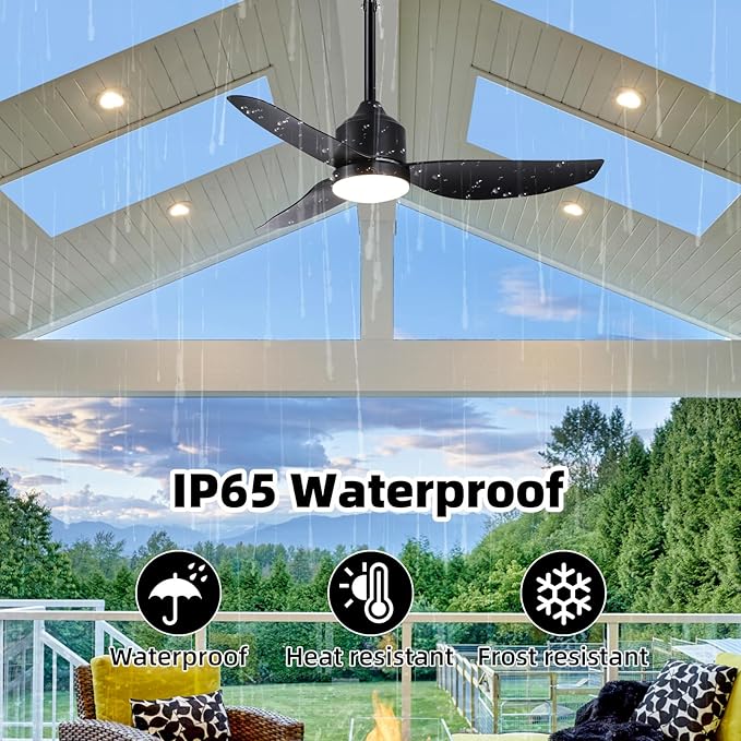 Outdoor Ceiling Fan with Light, 42 Inch Black Waterproof Outdoor Patio Fan with - Image 2