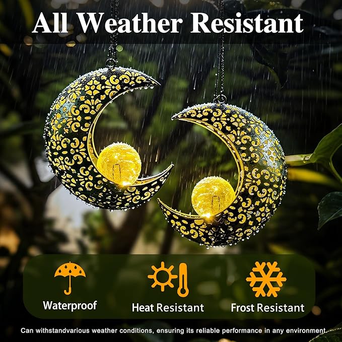 Solar Garden Hanging Moon Lights Outdoor Decor, 2 Pack Metal Lanterns Art - Image 6