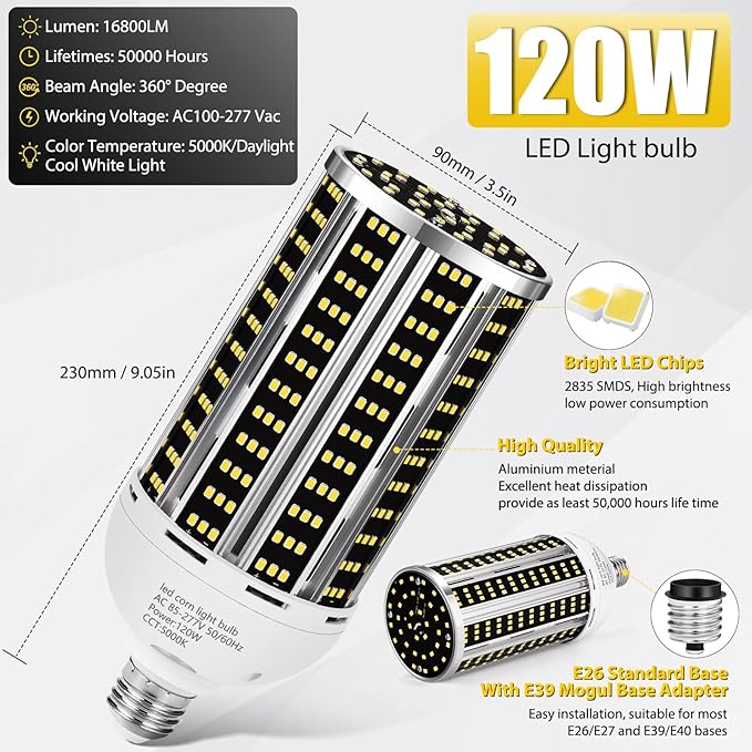 120W 2 pack LED Corn Light Bulb, Commercial Grade DayLight 5000K E26/E39 - Image 3