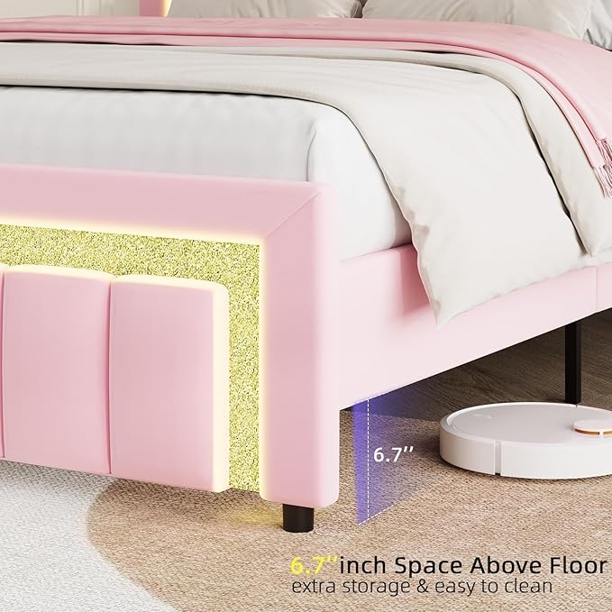 HOMBCK Queen Bed Frame with Velvet Upholstered Headboard and LED Lights - Image 6