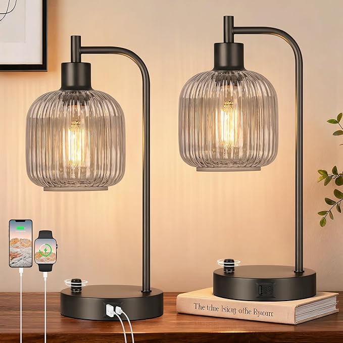 QiMH Industrial Table Lamp for Bedroom Set of 2, Stepless Dimmable Black Lamps by Qimh