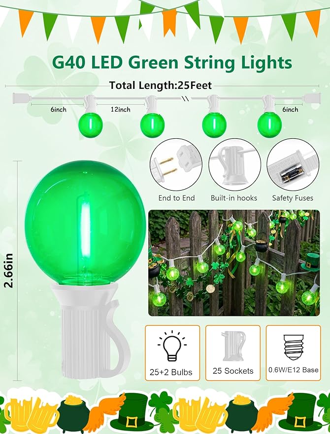 25FT G40 LED Outdoor Globe String Lights, Outdoor St. Patrick's Day Decorations - Image 2