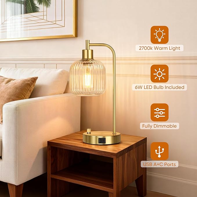 QiMH Industrial Table Lamp for Bedroom Set of 2, Stepless Dimmable Gold Lamps - Image 4