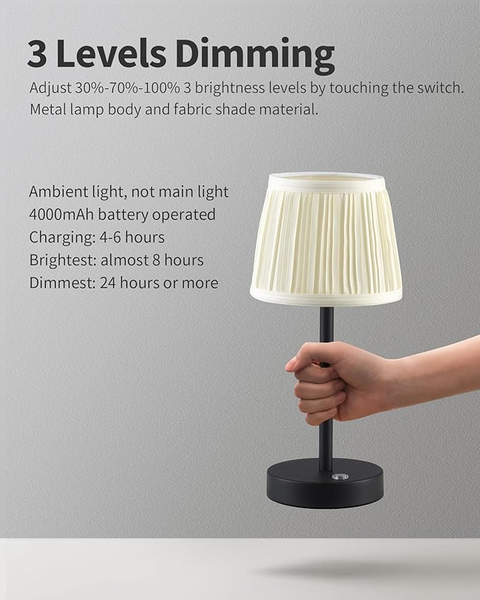 PUSU Cordless LED Black Table Lamp, Rechargeable 4000mAh 3 Way Dimmable Bedside - Image 4
