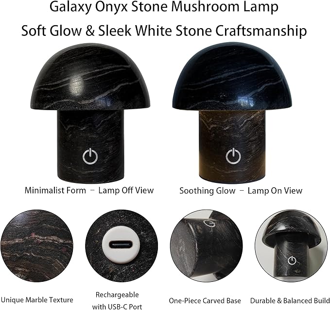 Hand-Polished Natural Marble Mushroom Lamp, Rechargeable LED Stone Night Light - Image 4