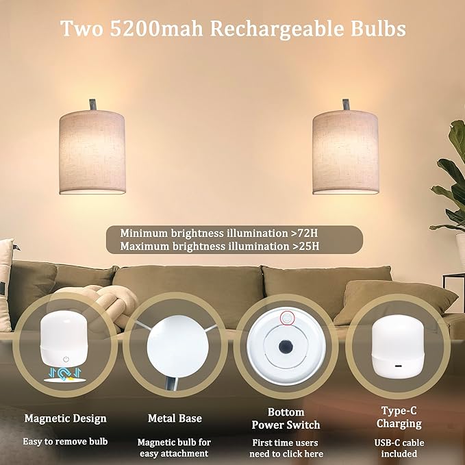 Wireless Wall Sconces Set of 2, Rechargeable Battery Operated Wall Lights - Image 5
