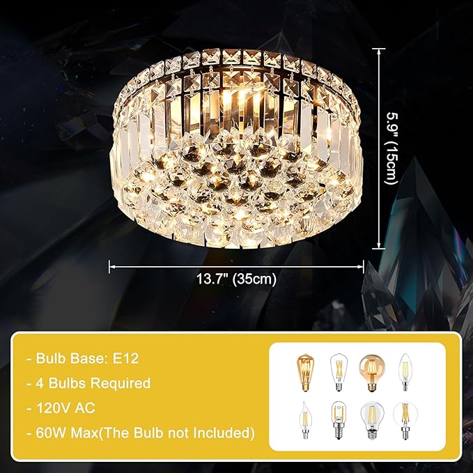 4-Light Black Crystal Chandeliers Flush Mount Chandelier Light Fixture - Image 4