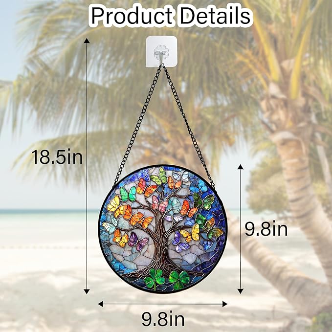 Stained Glass Window Hanging, Butterfly Tree Clover Sun Catchers Glass Panel - Image 5