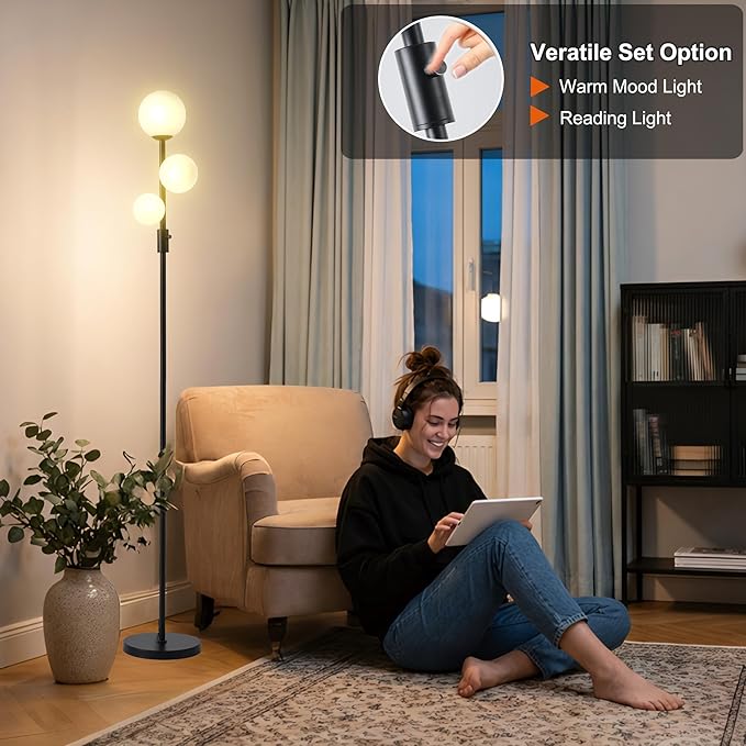 Fiqevs Upgraded Dimmable 3 Globe Mid Century Modern Floor Lamp, 3 x 3000K Warm - Image 2