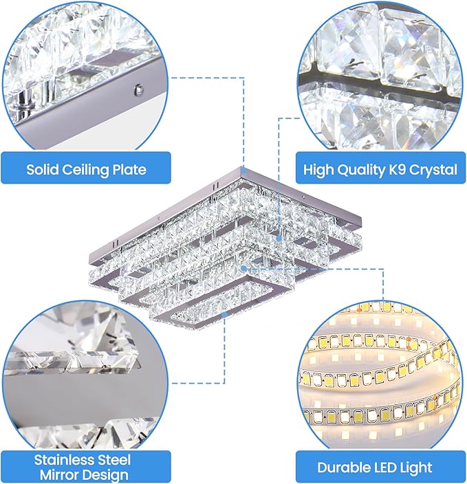 Finktonglan Modern Crystal LED Ceiling Light Fixtures 20” Dimmable Rectangular - Image 7