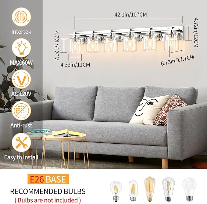 6 Light Modern Bathroom Light Fixtures Over Mirror, Chrome Vanity Lights - Image 5