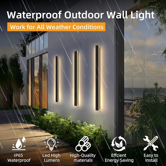 Modern Outdoor Wall Lights, 31.5Inch Black LED 3000K IP65 Waterproof Outdoor - Image 2