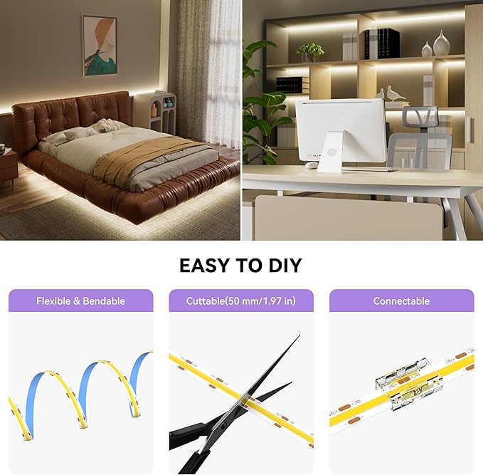 MIWISE COB LED Strip, 4000K Natural White 32.8ft/10m, Dimmable Super Bright 24V - Image 6