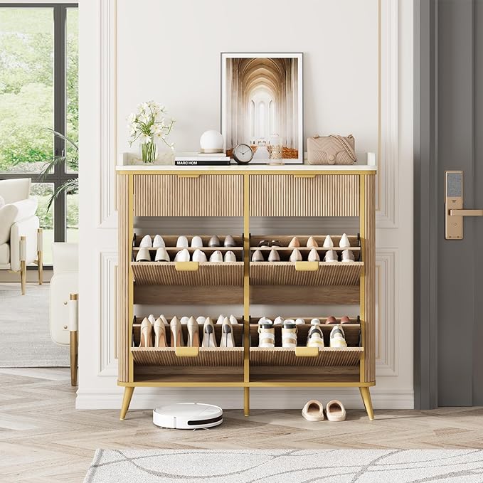 Fluted Shoe Cabinet Storage, Modern Slim Shoe Organizer Cabinet by RNLRNL