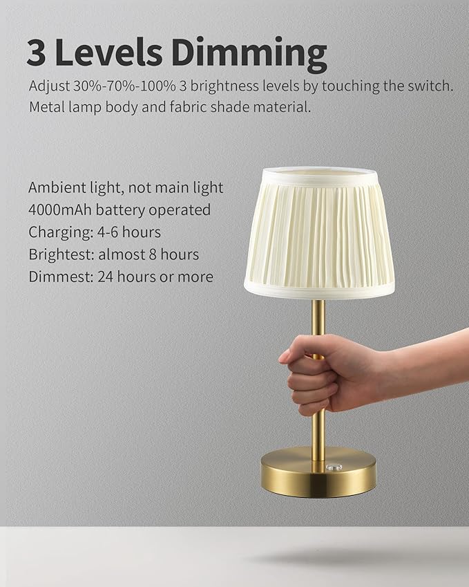 PUSU Cordless LED Gold Table Lamp, Rechargeable 4000mAh 3 Way Dimmable Bedside - Image 4