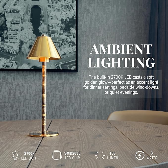 Bamboo Cordless LED Table Lamp – Rechargeable 24-Hour Battery, Dimmable Warm - Image 3