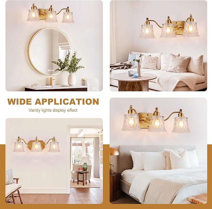 Vintage Bathroom Light Fixtures, 3-Light Gold Vanity Light, Antique Brass Finish - Image 6