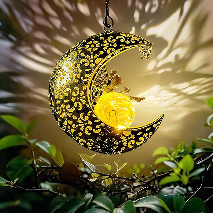 Solar Garden Fairy Statues Decor Hanging Lights, Outdoor Moon Decorations Metal - Image 2
