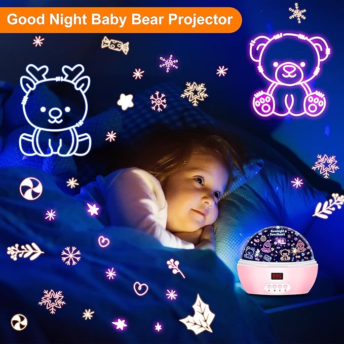 Kid Unicorn Night Light for Girls, and Baby Bear Night Lights Rotating Light - Image 3