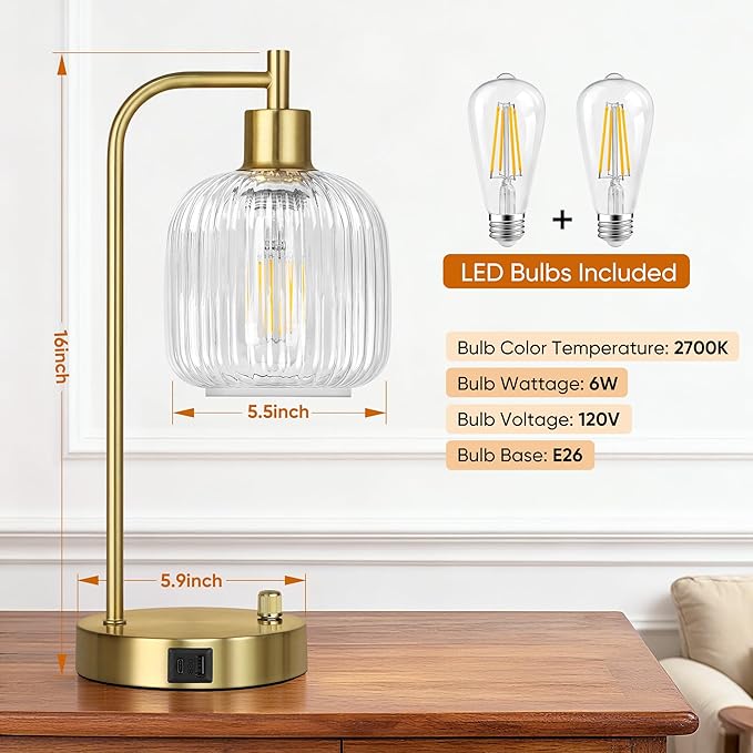 QiMH Industrial Table Lamp for Bedroom Set of 2, Stepless Dimmable Gold Lamps - Image 3