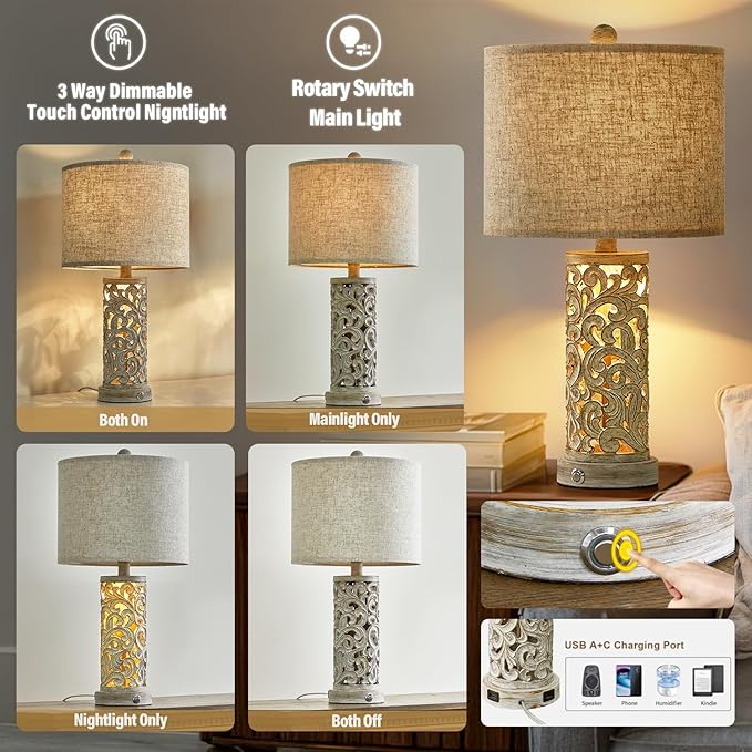 OYEARS 3-Way Dimmable 22'' USB A+C Touch Control Table Lamp - Image 3