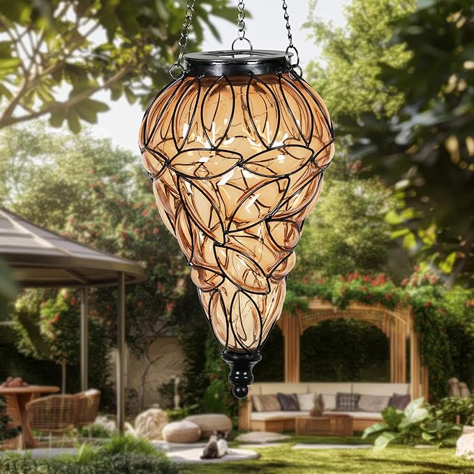 Solar Hanging Lantern Outdoor Garden Lights, Tear-Shaped Glass and Metal - Image 9
