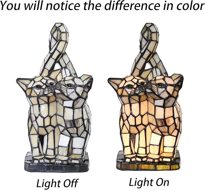 Bieye L10771 Cats in Love Tiffany Style Stained Glass Accent Table Lamp Night - Image 2