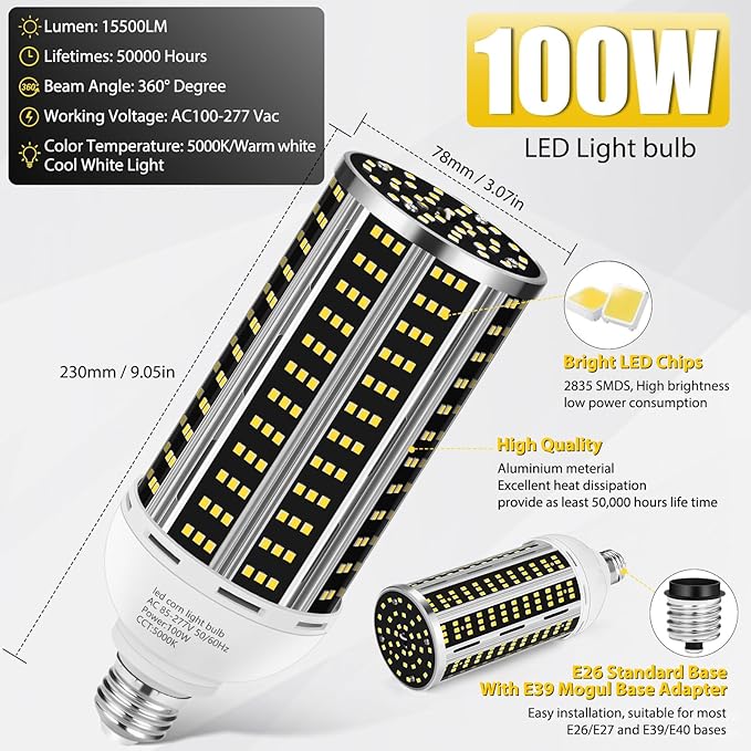 100W 4 pack LED Corn Light Bulb, Commercial Grade DayLight 5000K E26/E39 - Image 3