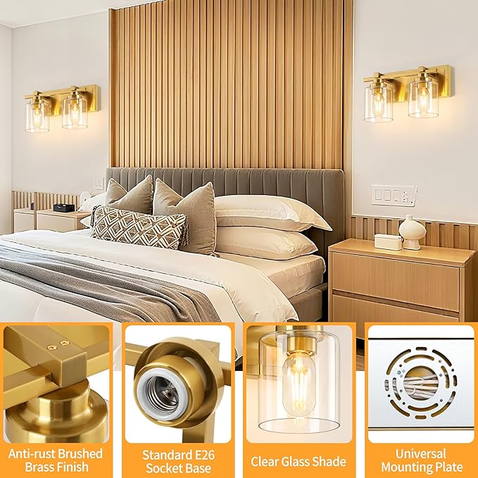 2 Light Modern Bathroom Light Fixtures Over Mirror, Brass Finish Vanity Lights - Image 3