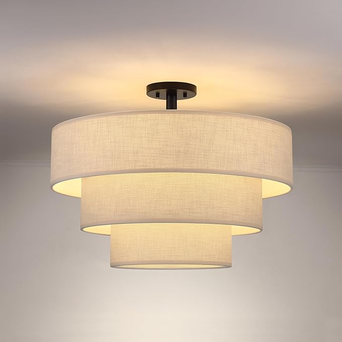 Doraimi Lighting 3 Tier Linen Drum Fabric Semi Flush Mount Light Modern by DoraimiLighting