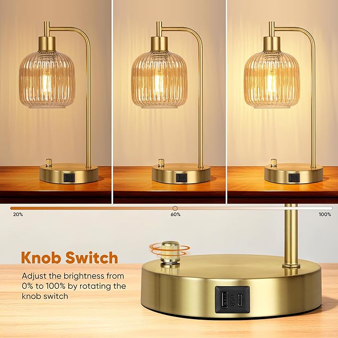 QiMH Industrial Table Lamp for Bedroom Set of 2, Champagne Glass Beside Lamp - Image 2