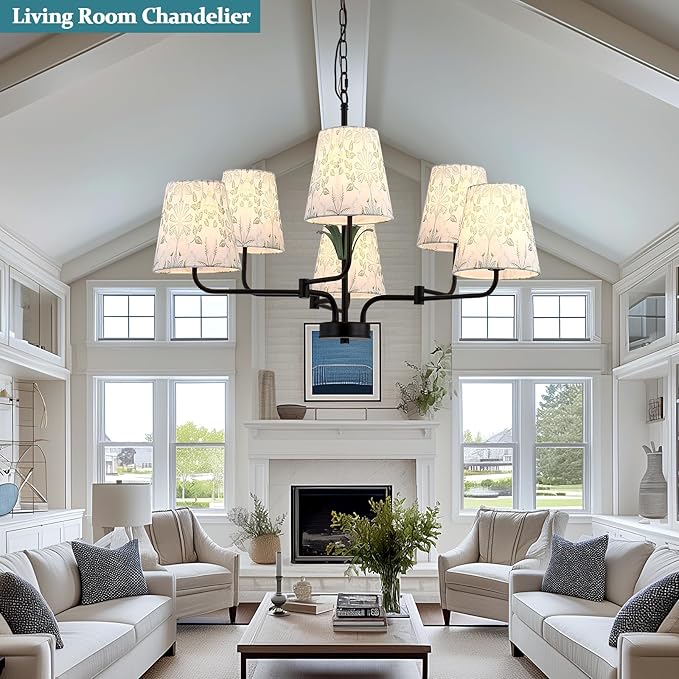 Black Chandeliers with White Fabric Shade, Farmhouse Green Plants Chandelier - Image 8
