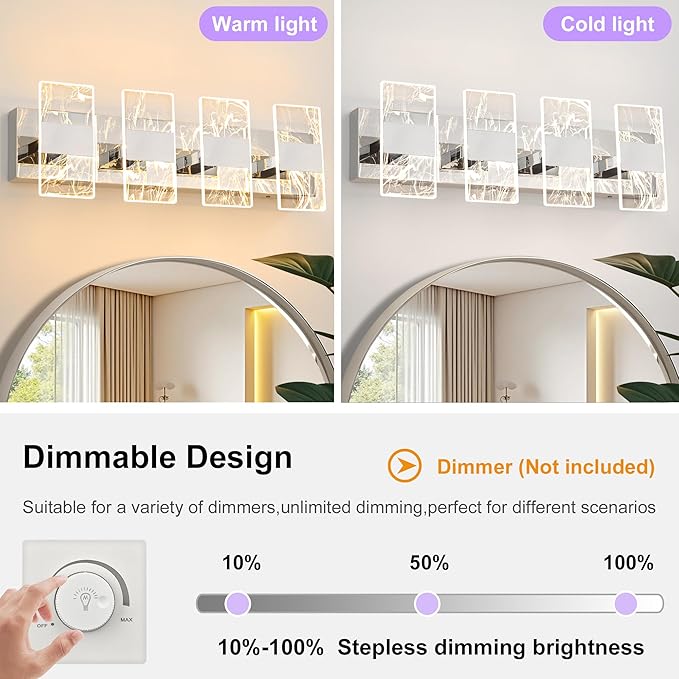 Modern LED Bathroom Light Fixtures Dimmable 4-Light Chrome Vanity Light - Image 4