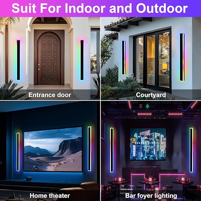 Outdoor Modern Wall Lights for Porch, 2 Pack RGB Long Outdoor LED Wall Lights - Image 2