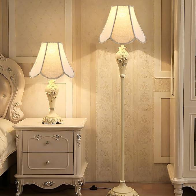 GO&SO Set of 2 Beige Gray Burlap Fabric Scalloped Lamp Shade, Floor Lamp Cover - Image 7