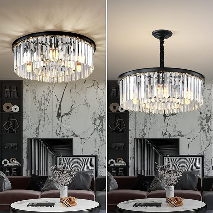 Black Modern Crystal Chandelier, 2-Tier Round Flush Mount Ceiling Light - Image 2